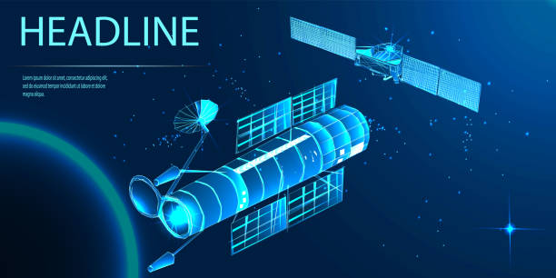 istock Satellites in orbit of the Earth. Spy satellite and satellite inspector in space. View from space. Intelligence service. Low poly wireframe style. Vector 1210577367