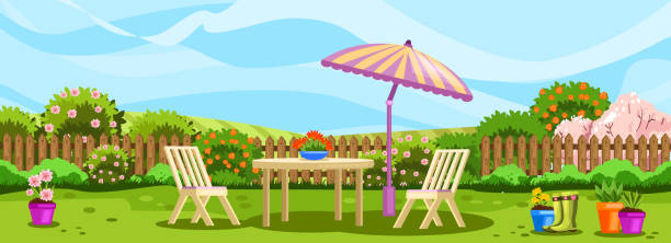 poziomy wiosenny sztandar z podwórkiem, kwitnące krzewy, kwiaty i ogrodzenie. eleganckie białe meble ogrodowe z dużym parasolem. - backyard stock illustrations