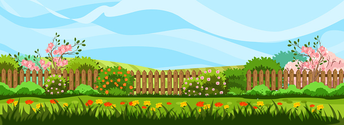 Horizontal spring landscape with garden, fence, trees in bloom, bushes and blue sky.