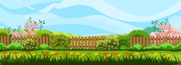 Vector illustration of Horizontal spring landscape with garden, fence, trees in bloom, bushes and blue sky.