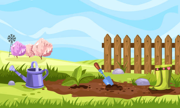 ilustraciones, imágenes clip art, dibujos animados e iconos de stock de estandarte de stock vectorial con jardín de primavera, botas de goma, cerca, lata de riego, tierra y árboles en flor. cama de jardín con plántula, llana en estilo de dibujos animados. - trowel watering can dirt shovel