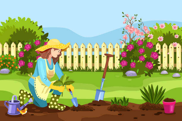 ilustraciones, imágenes clip art, dibujos animados e iconos de stock de mujer jardinera en sombrero y delantal plantando plántulas con llana. concepto de patio trasero de primavera con cerca, arbustos en flor, rosas, pala, pájaro y lata de riego. - trowel watering can dirt shovel