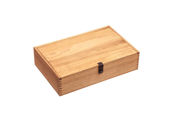 istock Wooden box with a lid isolate on a white background. Packaging for an expensive gift. New box made of light wood. 1210580285