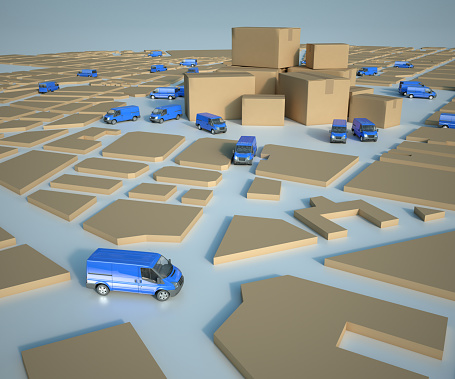 3D rendering of a cardboard text blue map with blue trucks circulating and a pile of cartons