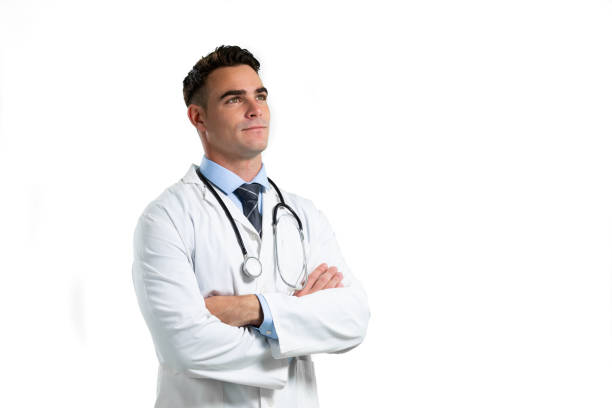 Caucasian male doctor on white background
