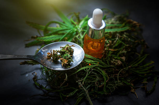 istock hemp oil and cannabis leaves placed on dark background 1210583132