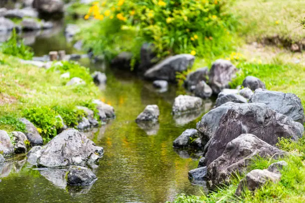 Kyoto Japan in Kyotogyoen with small creek river water surface and rocks during springtime closeup