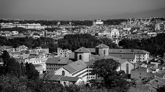Rome, Italy, Europe, 10/27/2019: panoramic image of Rome from the Janiculum terrace with the prison of Regina Coeli in close up and the center of Rome in the background