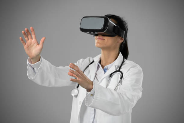 istock Caucasian female doctor on grey background 1210586064