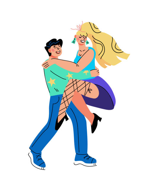ilustraciones, imágenes clip art, dibujos animados e iconos de stock de un par de bailarines bailando, vector de dibujos animados planos - dancing swing dancing 1950s style couple