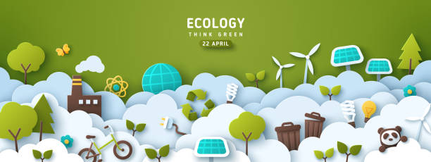 Earth Day eco banner Earth Day banner, background with clouds and ecology icons in paper cut style. Vector illustration. Light bulbs, trees, wind turbine and solar panels. Place for text. zero waste illustrations stock illustrations