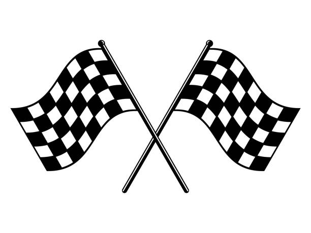 flagi w kratkę. czarno-biała flaga wyścigu. zakończ lub rozpocznij pomarszczone skrzyżowane ikony flagi. - checkered flag auto racing flag sports race stock illustrations