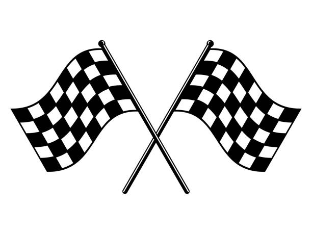 Checkered flags. Black and white race flag. Finish or start rippled crossed flag icon. Motorsport or auto racing symbol on white background. Final lap race. Vector illustration, flat style, clip art. drag racing stock illustrations
