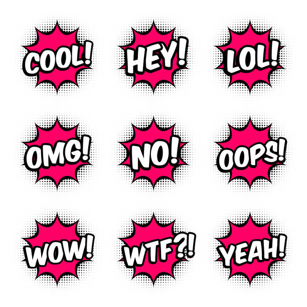 ilustrações de stock, clip art, desenhos animados e ícones de 9 comic style messages in red speech bubbles. set of stickers for banner, web, poster. - omg