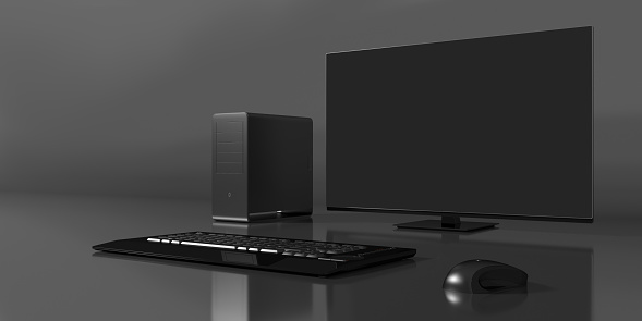 black computer on a black background, 3d illustration
