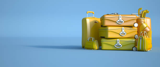 istock Yellow luggage on blue background 1210591407