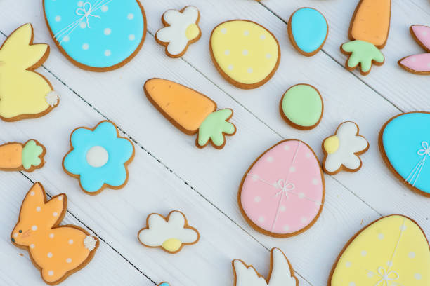 istock Easter card with gingerbread cookies. Egg shaped cookies and easter bunny. Happy easter holiday background concept. 1210592851