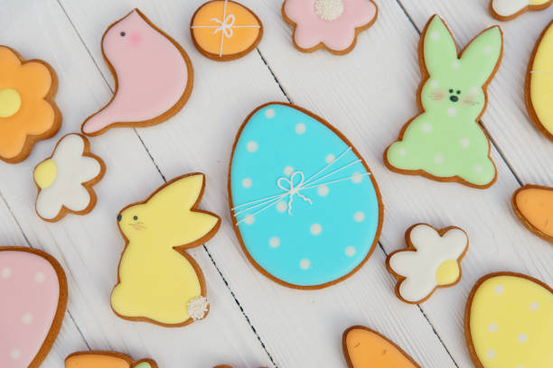 istock Easter card with gingerbread cookies. Egg shaped cookies and easter bunny. Happy easter holiday background concept. 1210593092