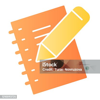 istock Notebook and pencil flat icon. Exercise book, sheet of pocketbook with wooden stick. School vector design concept, gradient style pictogram on white background. 1210593725