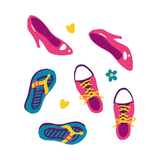 Set Of Pairs Of Womens Shoes For The Holidays Cute Cartoon Style Travel  Summer Thing Colorful Illustration Accessory Isolated Stock Illustration -  Download Image Now - iStock