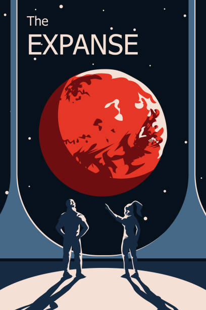 Space poster Flat vector space poster with astronauts looking at distant red planet mars stock illustrations