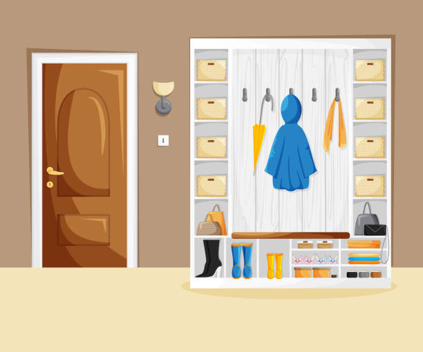 illustrations, cliparts, dessins animés et icônes de intérieur de vecteur du couloir à la maison avec la garde-robe - domestic room seat entrance hall corridor