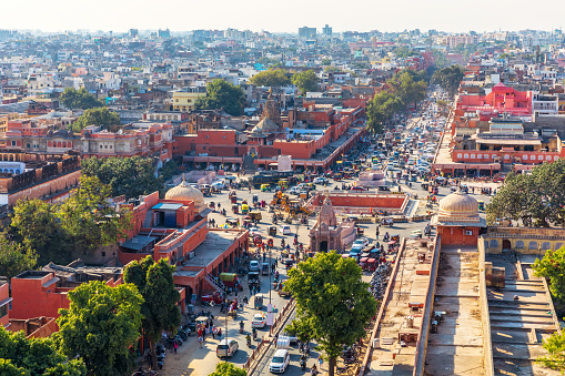 Jaipur downtown, pink city, aerial view in India.
