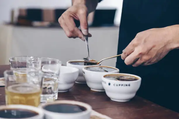 professional Q Grader preparing to test and inspecting the quality of coffee and skim off the coffee grounds from ceramic cup on the table.