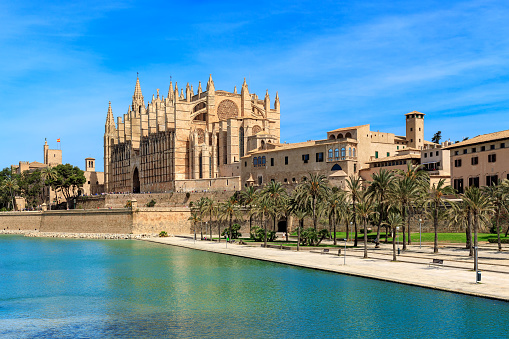 View of Parc de la Mar and famous Cathedral of Santa Maria under blues sky in Palma de Mallorca, Spain.