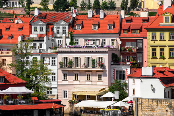 View of typical colorful houses in old town of Prague, Czech Republic.