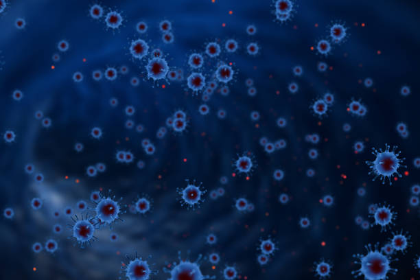 3D rendering, blue coronavirus cells covid-19 influenza flowing on abstract blue background with red cells as dangerous flu strain cases as a pandemic medical health risk concept of disease cells risk