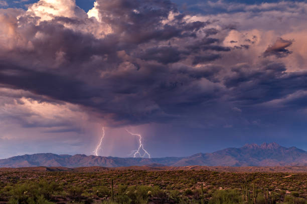 istock Monsoon season thunderstorm with lightning bolt strikes 1210607491
