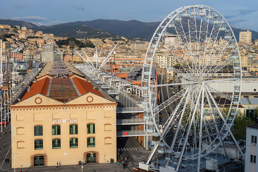 Genoa at the ancient port the Ferris wheel view from the air.