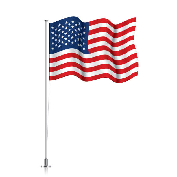 USA flag on a metallic pole. USA flag on a metallic pole. Official flag of the United States of America, isolated on a white background. Waving US flag hanging on a pillar. Vector illustration. pole stock illustrations