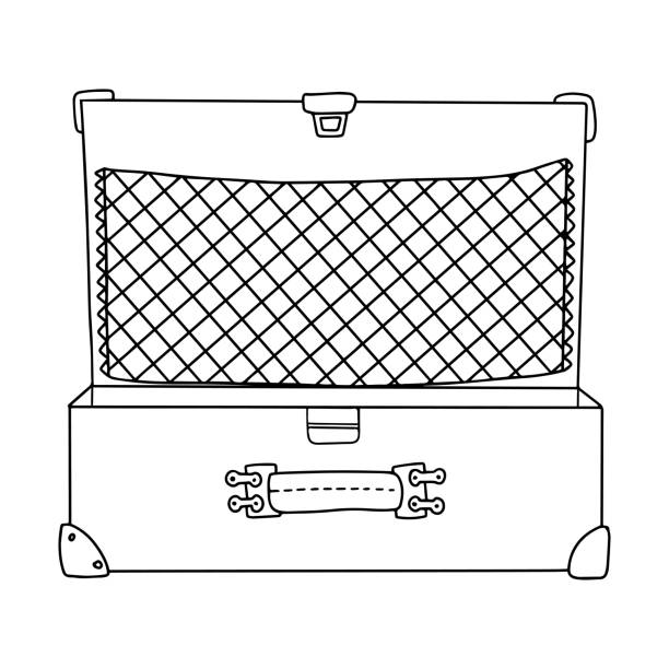 открыт винтажный пустой чемодан с ручкой, сеткой и углами. черно-белая векторная иллюстрация в стиле каракули. чемодан без колес. для офо�рмл - suitcase label old old fashioned stock illustrations