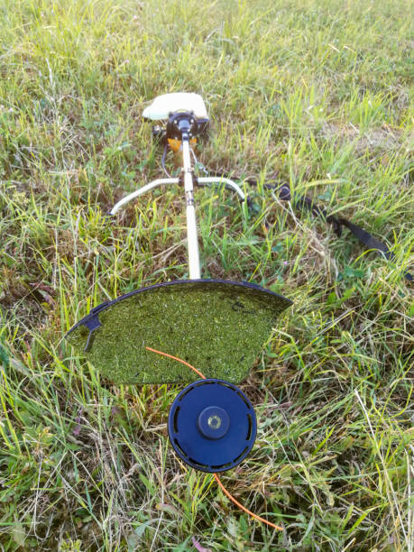 istock Gasoline grass trimmer on mown grass 1210620456