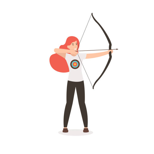 girl shoots from a bow Woman with bow and arrow. Archer girl pulls a bowstring and takes aim. Flat vector cartoon illustration isolated white background. archery bow stock illustrations
