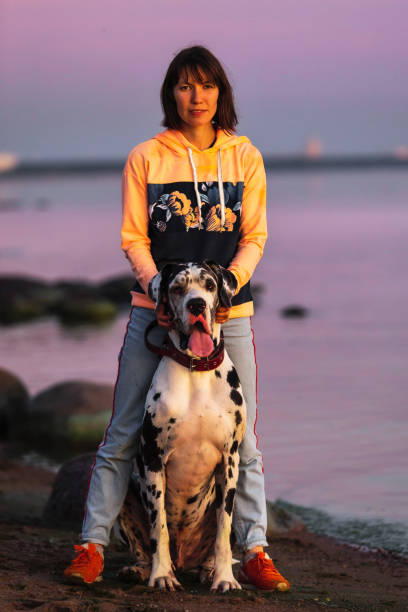 istock Thoughtful female owner with dog on coastline 1210625761