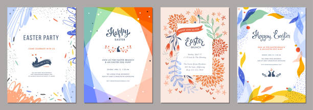 Universal Easter Templates_04 Trendy abstract Easter templates. Good for poster, card, invitation, flyer, cover, banner, placard, brochure and other graphic design. easter drawings stock illustrations