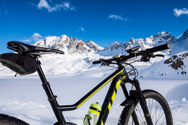 istock Mountain biking in the snow in the high mountains 1210626878