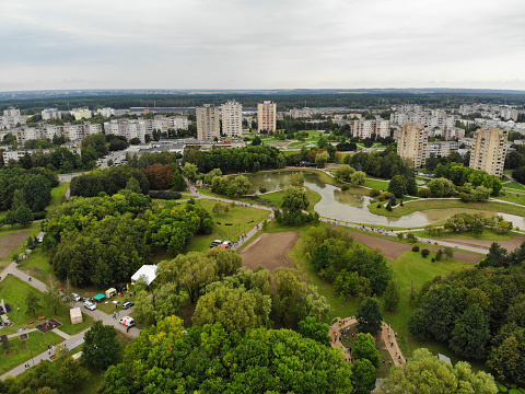 Park of Kalnieciai (Kalnieciu parkas) in Kalnieciai district in Kaunas, Lithuania. Aerial view