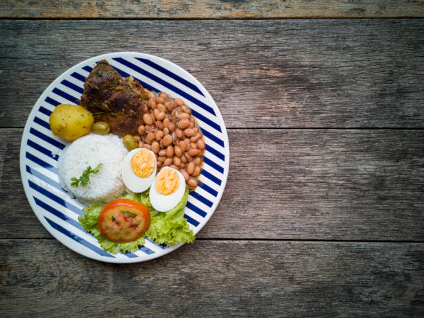 istock Food dish. Beans, rice, meat, salad, egg. Rustic wood background. Flat Lay. 1210627245