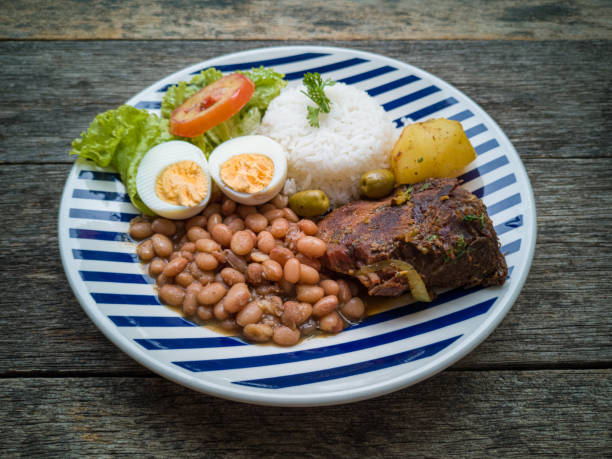 istock Food dish. Beans, rice, meat, salad, egg. Rustic wood background. 1210627287