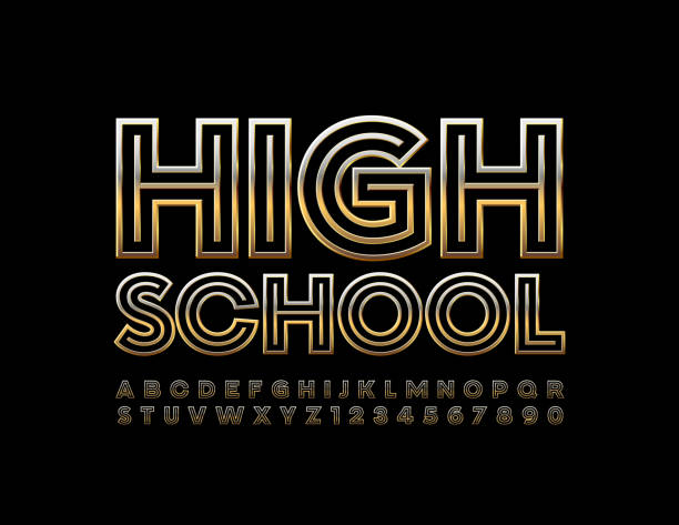 Vector golden sign High School. Shiny elegant Alphabet Letters and Numbers Creative rich Font prom stock illustrations