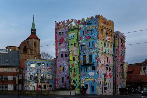Braunschweig, Germany - mar 2nd 2020: Happy Rizzi house stands out with modern appearance in middle of historical buildings.