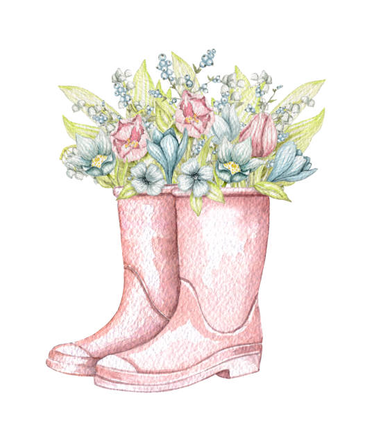 aquarell-schuh mit blumenstrauß mit vintage-frühlingsblumen - galoshes stock-grafiken, -clipart, -cartoons und -symbole