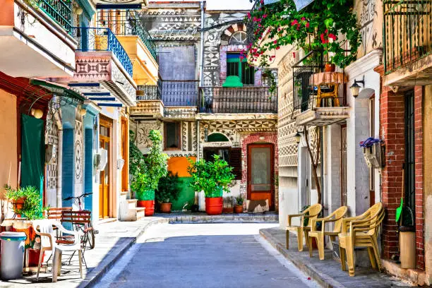 charming floral street and carved houses of Pyrgi village in Chios