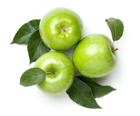 Green apples isolated on white background. Granny smith apple. Top view, flat lay