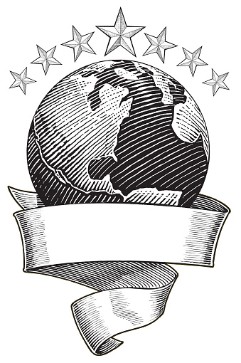 Pen and ink illustration of Earth World Banner with Stars