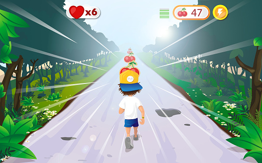 Young man grabbing fruit prices while running - Video game illustration